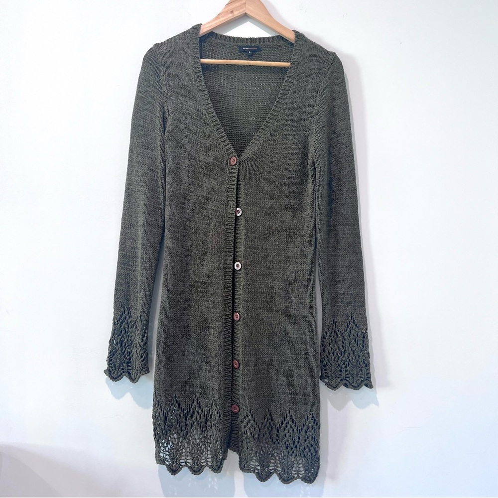 BCBG Maxazria Olive Toned Long Cardigan Sweater Button Through Large